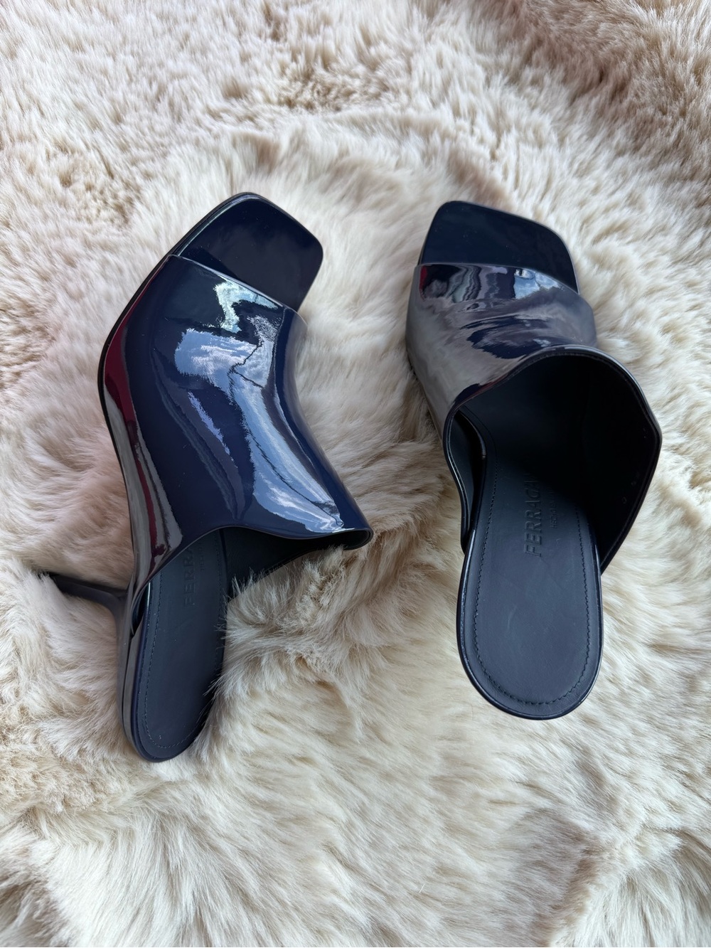 Salvatore Ferragamo Navy Patent Leather Slide Mules